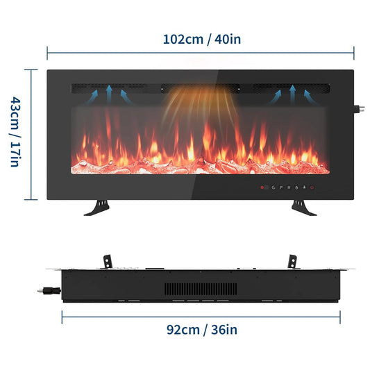 Elektrische Haard – Wandhaard – Inbouwhaard – Sfeerverwarming – Elektrische Open Haard – 40 Inch – 1800W Verwarming – 12 Kleuren Vlammeneffect