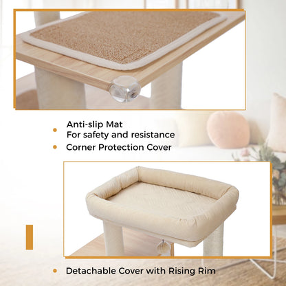Kattenboom - met Kattenbak Kast – Houten - met Opslagkast - Kattenhuisje - en Sisal Krabpalen – Grote Kattenmeubel voor Binnen – Stabiel en Multifunctioneel - Meerdere Verdiepingen - Arbre a Chat - Beige - QUORE