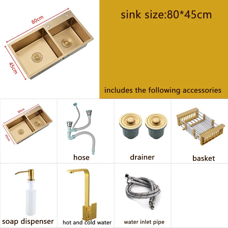 Dubbele Spoelbak – Gouden Keukenspoelbak – RVS Spoelbak – Dubbele Kom Spoelbak – Spoeltafel – 80x45 cm Formaat – Ingebouwde Zeepdispenser & Drainer