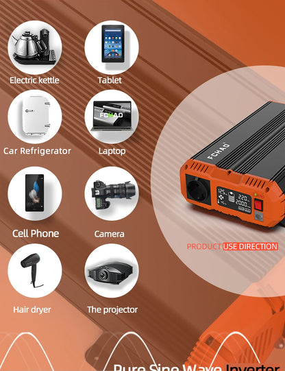 Zuivere Sinusgolf Omvormer – Power Inverter – Stroomomzetter – DC naar AC Converter – 2000W Omvormer – Pure Sinusgolf – Afstandsbediening – Aluminium Behuizing – Overbelastingbescherming - QUORE