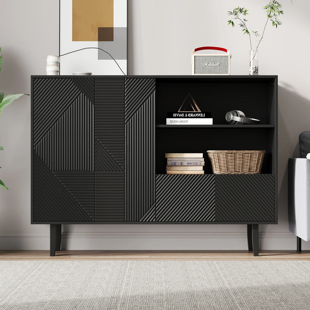 Sideboard – Opbergkast – Dressoir – Kast – Buffetkast – Mat Zwart – Verstelbare Planken – Draagvermogen 80 kg
