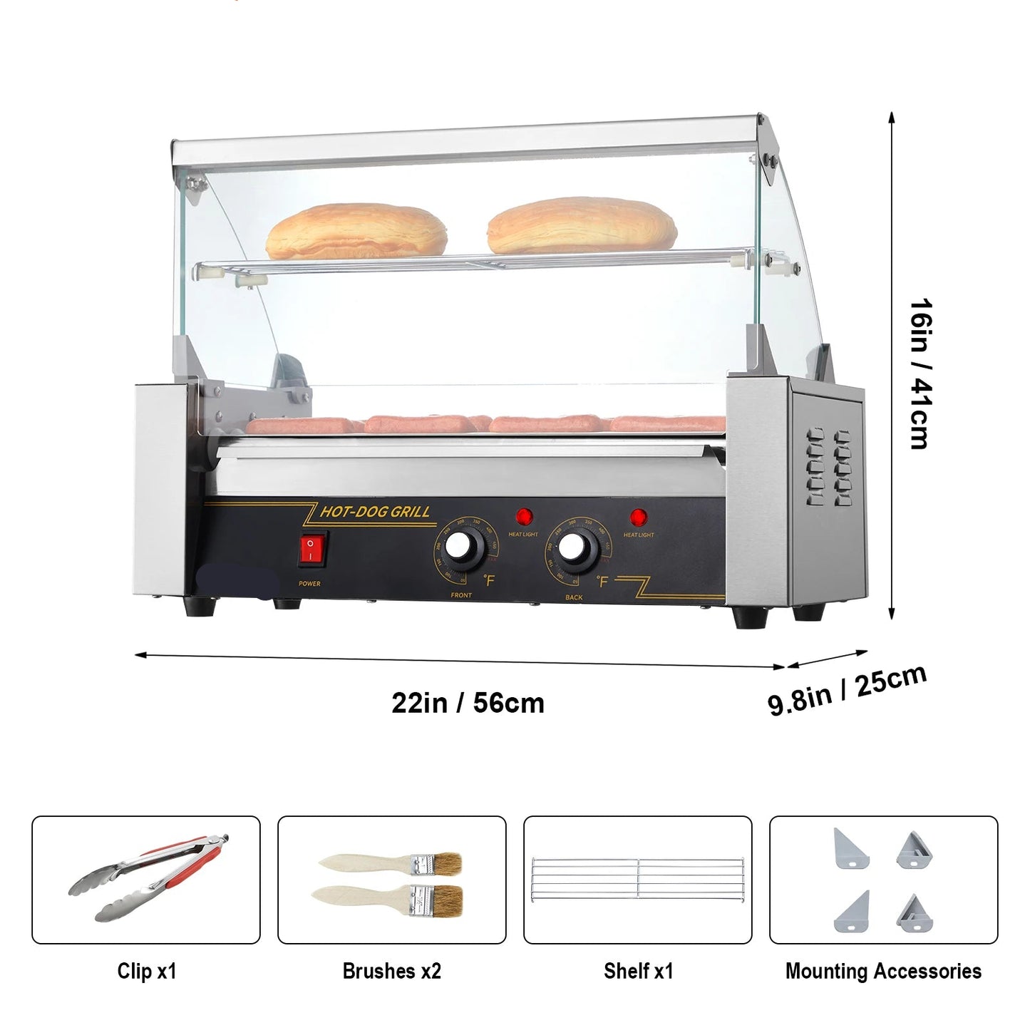 Hotdog Grill Machine - Hotdog Grill - Hotdogroller - 5 RVS Rollen - 750W - Elektrische Grill - met Deksel - Twee Temperatuurregelaars - Spatwand en plank - voor Keuken - en Feestjes - Capaciteit 12 Stuks