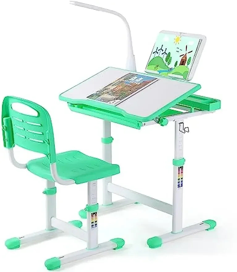 Kinderbureau en Stoel Set – Kindermeubel – Schrijftafel – Studiebureau – Kinderwerkplek – Verstelbare Hoogte 54-76 cm – LED Leeslamp met 3 Helderheidsniveaus - Lichtgroen