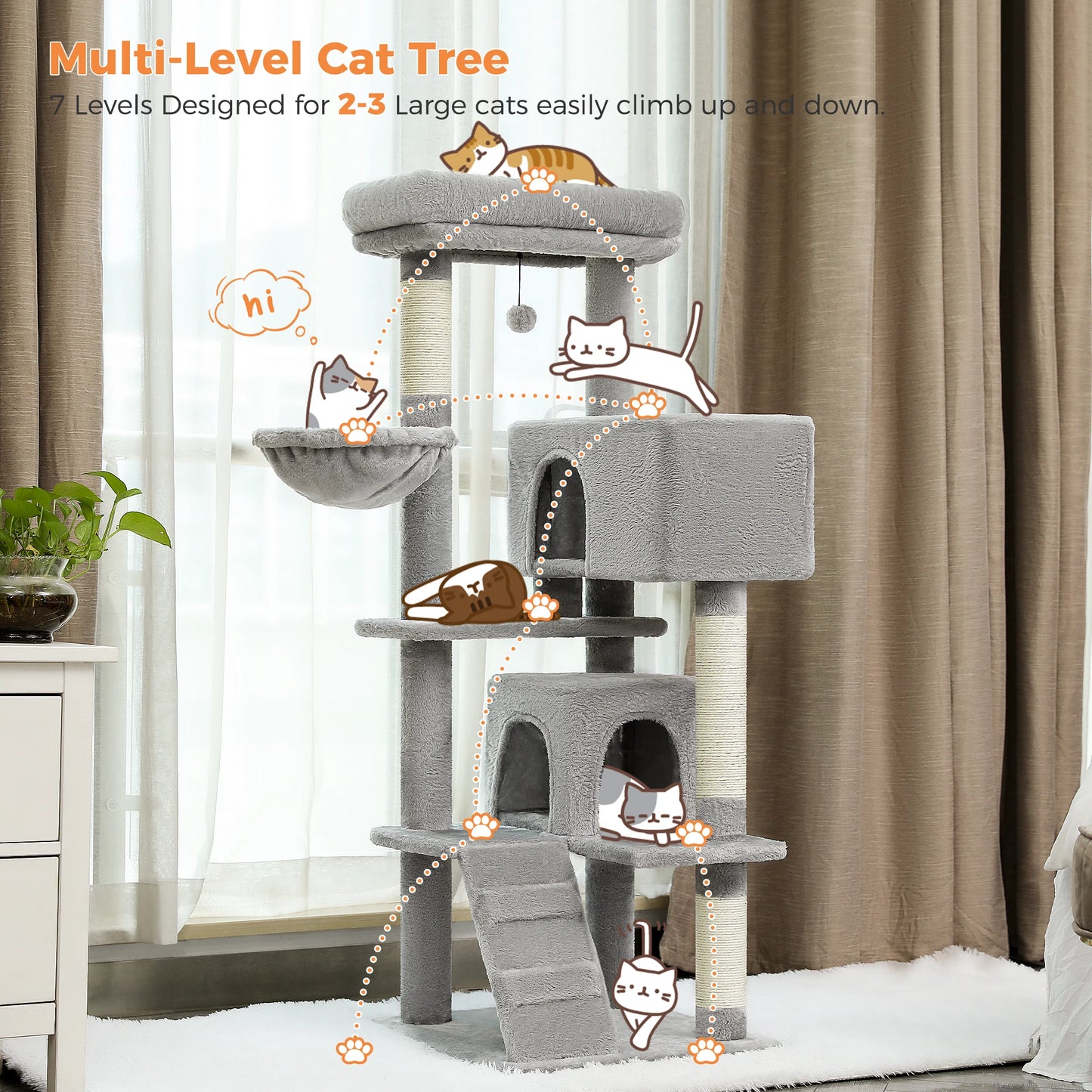Kattenboom - Meerdere Verdiepingen – Kattenkrabpaal - met Luxe Huis - Ligmand - Sisal - Speelballetje – Stevig Kattenmeubel - Binnenkatten - 143 cm - Gijs