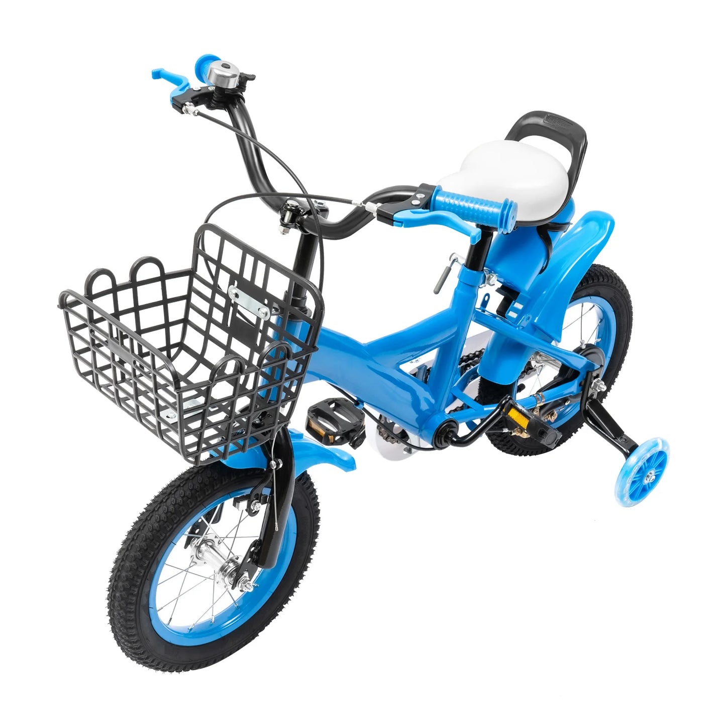Kinderfiets - Kinderfiets met Zijwielen - 12 inch - Stoere Fiets voor Kinderen 2-4 Jaar – Verstelbaar Zadel en Stuur – Met Opbergbak en Mand - Perfect voor Leren Fietsen -  Verstelbare Hoogte, Carbon Staal & Zijwieltjes - Blauw