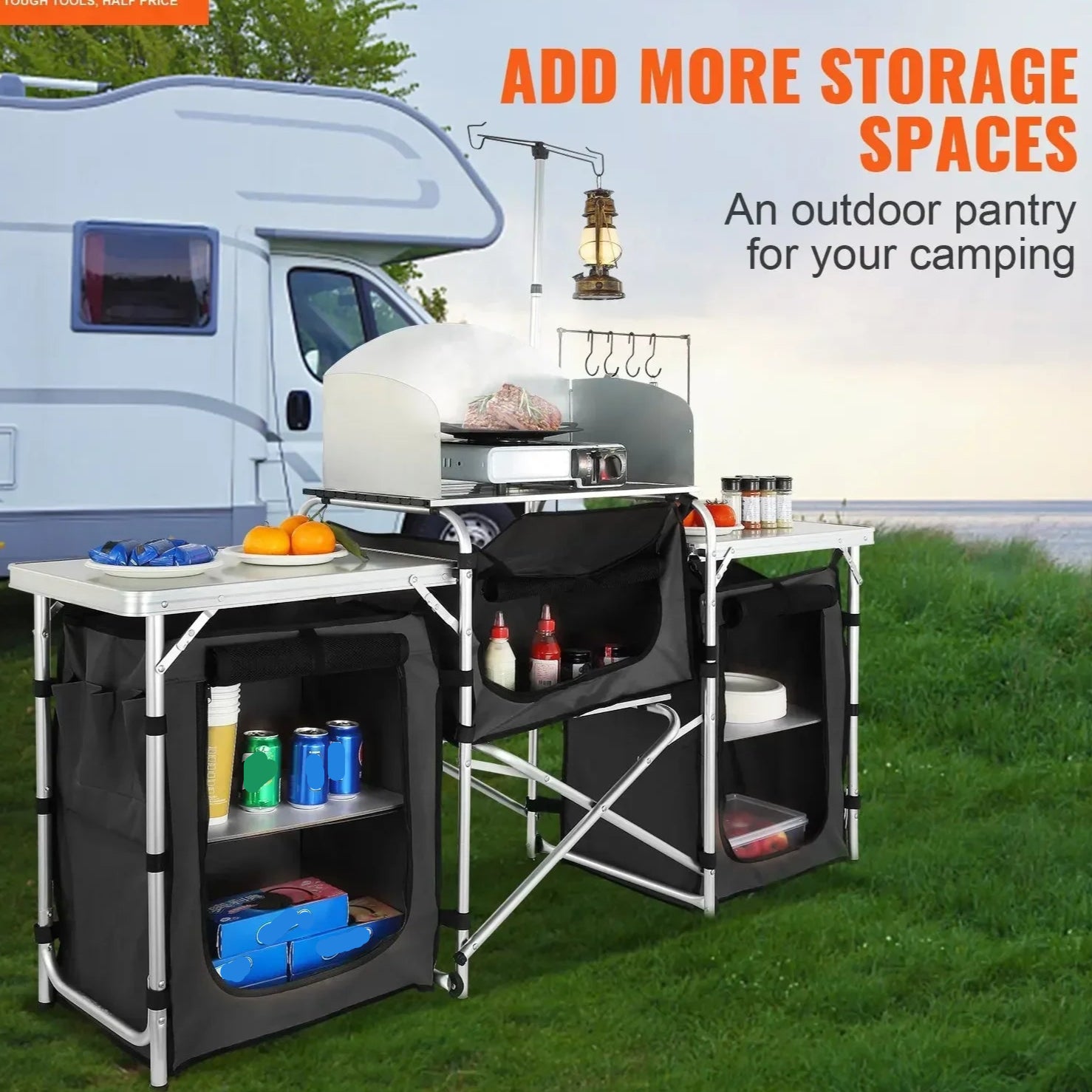 Opvouwbare Camping Keukentafel - Opklapbare - Inklapbaar - Buitent - Snel Opzetbare - Verstelbare Hoogte - Familiefeest - Lichtgewicht - Ruimtebesparend - Zwart - QUORE