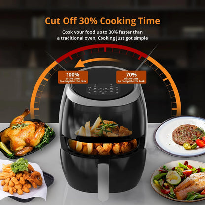 Digitale Airfryer - PFAS vrij - Heteluchtfriteuse - Zwart - Digital screen - 8 Voorinstellingen - Inclusief in hoogte verstelbaar Grillrack - Olievrije kookplaat - met kijkvenster - 8QT Airfryer - Vaatwasserbestendig