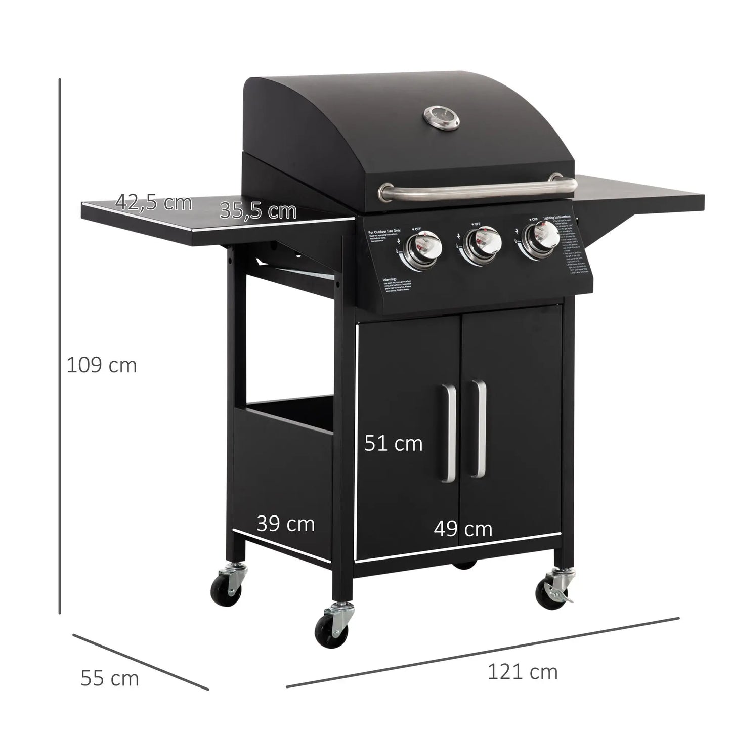 Gasbarbecue – Buitenbarbecue – Grill – Barbecuewagen – Compact – 3 Krachtige Branders – 41x24 Cm Grilloppervlak - QUORE