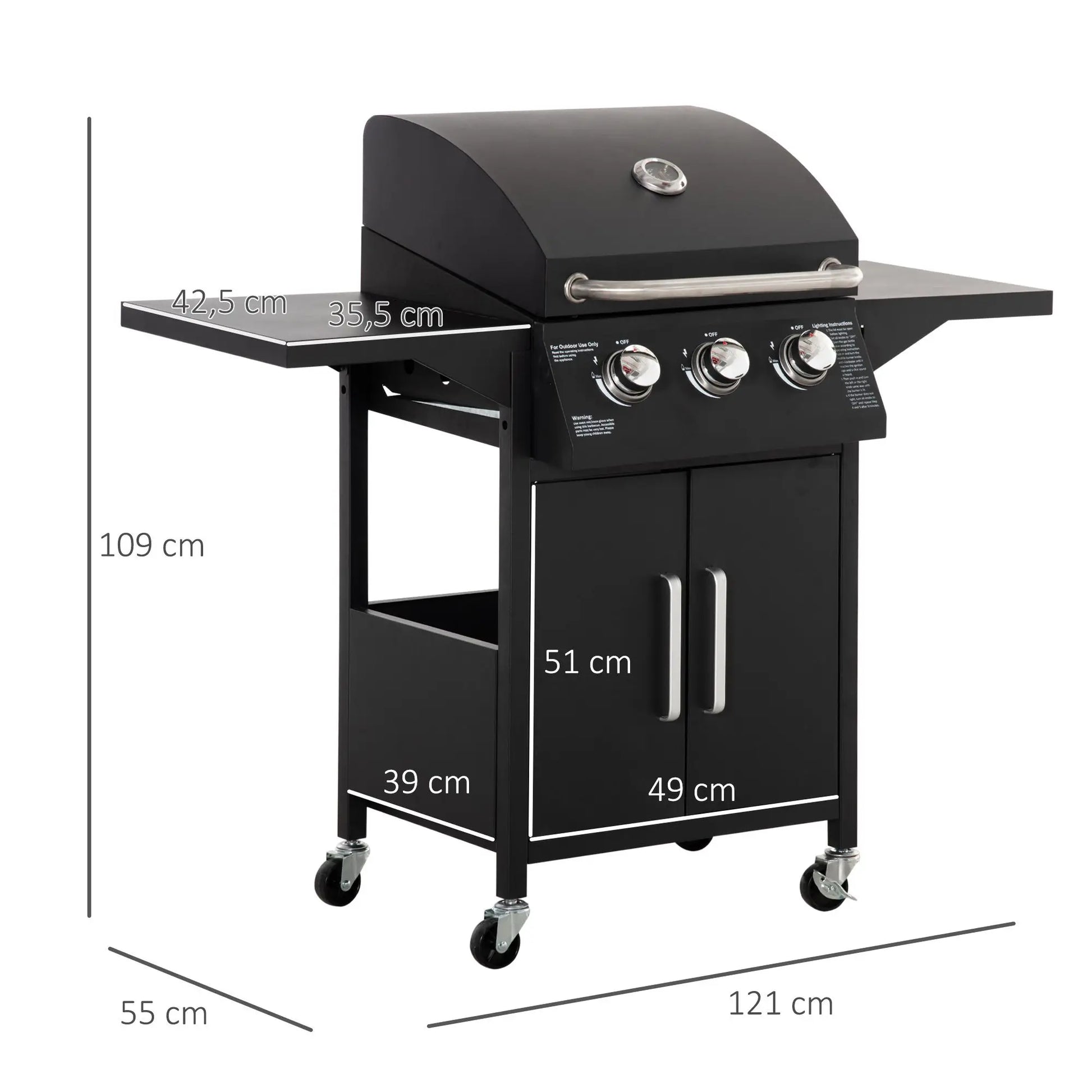 Gasbarbecue – Buitenbarbecue – Grill – Barbecuewagen – Compact – 3 Krachtige Branders – 41x24 Cm Grilloppervlak - QUORE