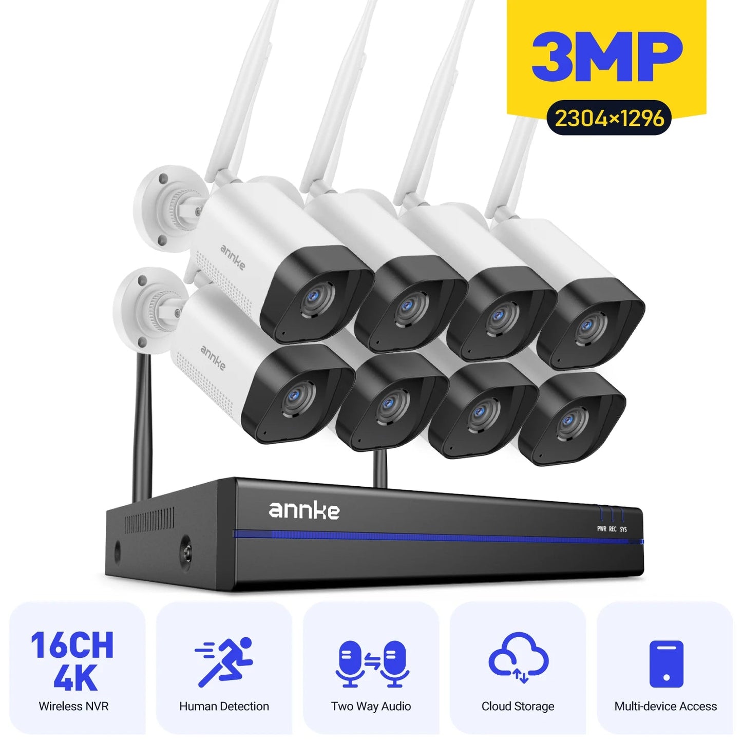 Draadloos Beveiligingssysteem – IP Camera Systeem – Wifi Camera – CCTV Camera – Beveiligingscamera – 8 Camera’s – 2K 3MP Resolutie – IP66 Weerbestendig