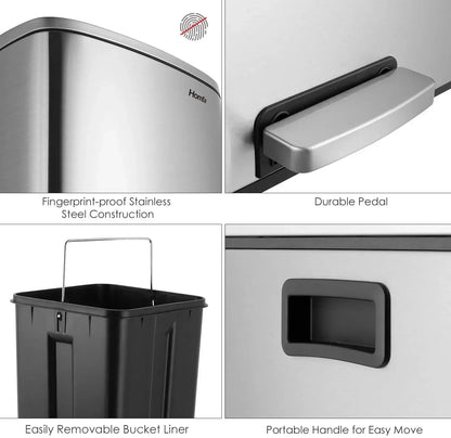 Prullenbak - Prullenbak 60L - Prullenbakken - Prullenmand - RVS - Prullenbak met Voetpedaal - Handsfree, Dubbel Compartiment & Soft-Close Deksel - Wit - QUORE