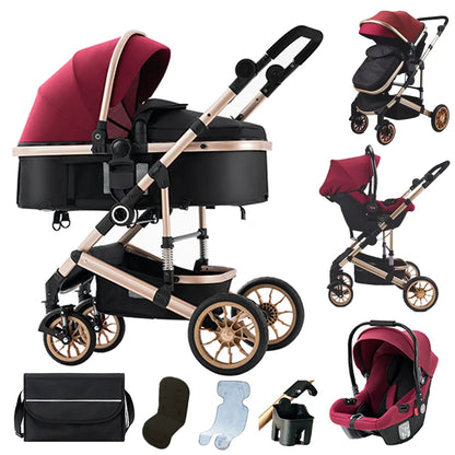 Kinderwagen - Buggy - Baby Kinderwagen 3 in 1 - Luxe Opvouwbare Wandelwagen - Baby Autostoel - Hoog Landschap Babywagen - voor Pasgeborenen - Inclusief Veiligheidszitje - Rood