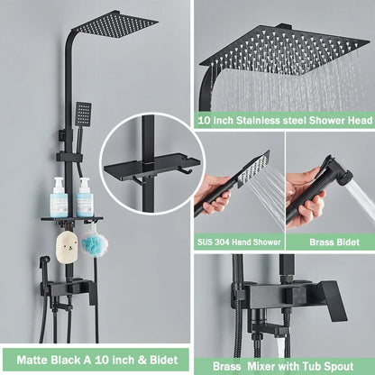 Regendouche - Douchekraan - Douchepaneel - Douche - 10 Inch Douchekop, Inbouw Wandmontage en Opbergplank - met Bidetfunctie - Zwart