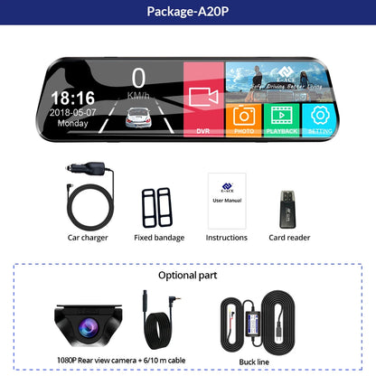 10 Inch Touchscreen Spiegelcamera – 1080P AHD Dashcam – Nachtzicht – Parkeermodus – Groothoek 170° – Inclusief 6M RCC BL – Zwart