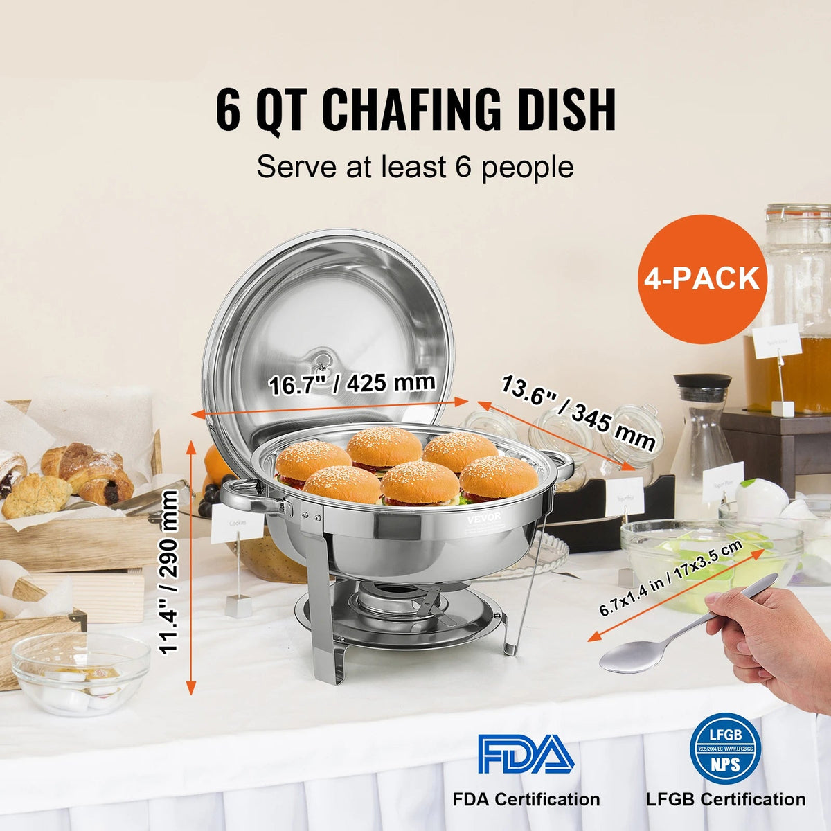 Vevor - Ronde Chafing Dish Buffetset - roestvrijstalen buffetset - voedselverwarmer voor catering, buffet en feest - QUORE