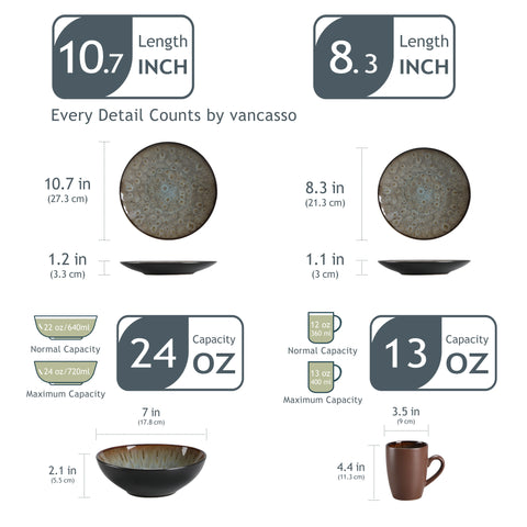 Servies - Servies set - 16 Stuks - Vintage Keramiek - Omvat diner/dessertbord - Kom - Koffiekopjes - Bruin