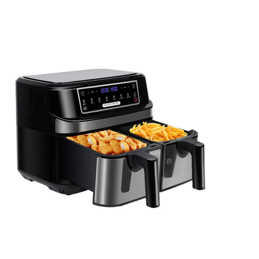 Digitale Airfryer - PFAS vrij - Groot 9 Liter - Heteluchtfriteuse - Zwart - Digital screen - 8 Voorinstellingen - Inclusief in hoogte verstelbaar Grillrack - 2 onafhankelijke 4,5L lades - met LED-touchscreen