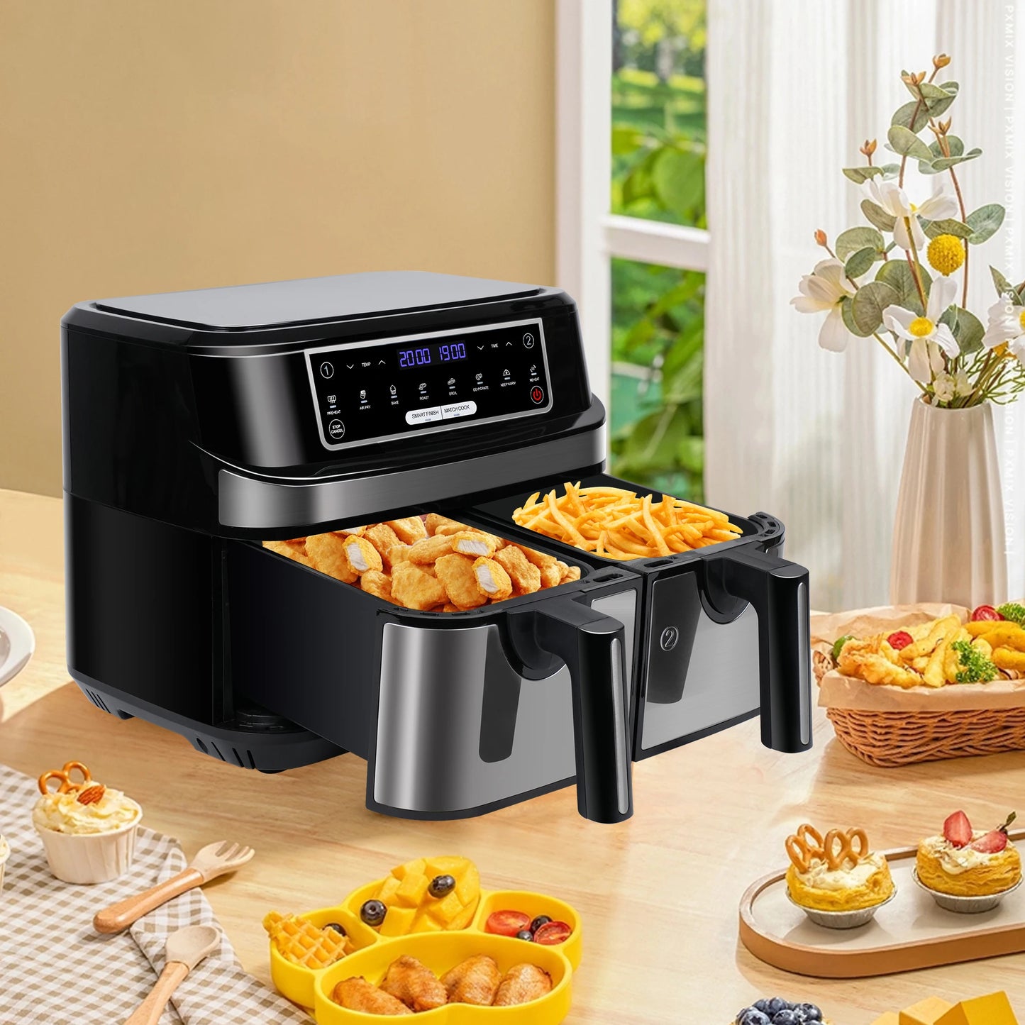 Digitale Airfryer - PFAS vrij - Groot 9 Liter - Heteluchtfriteuse - Zwart - Digital screen - 8 Voorinstellingen - Inclusief in hoogte verstelbaar Grillrack - 2 onafhankelijke 4,5L lades - met LED-touchscreen