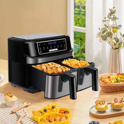 Digitale Airfryer - PFAS vrij - Groot 9 Liter - Heteluchtfriteuse - Zwart - Digital screen - 8 Voorinstellingen - Inclusief in hoogte verstelbaar Grillrack - 2 onafhankelijke 4,5L lades - met LED-touchscreen