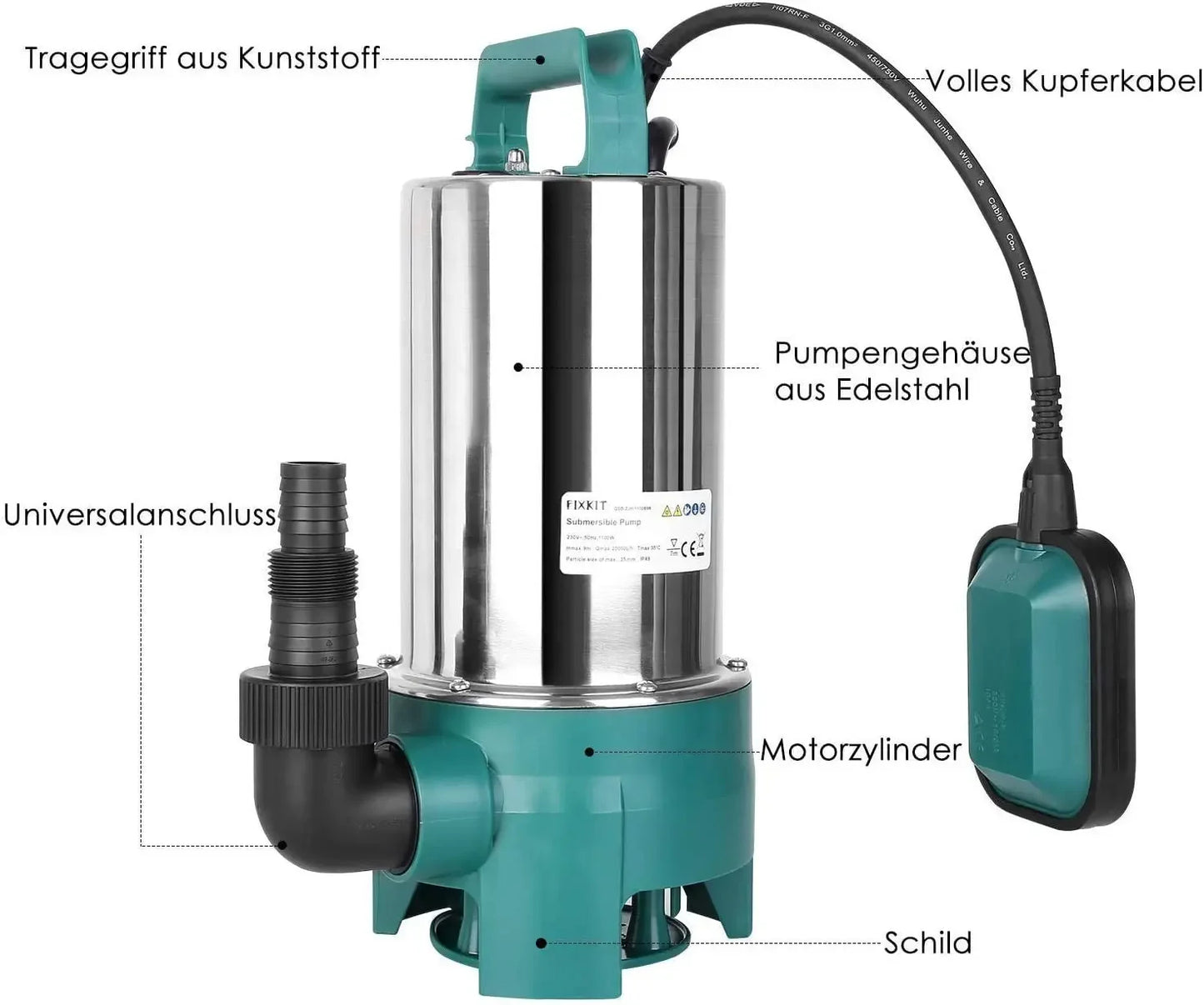Dompelpomp - Waterpompen - Waterpomp Elektrisch - Vuilwaterpomp - 1100W - 16500 L/h Capaciteit - RVS Waterpomp met Vlotterschakelaar - Zwart