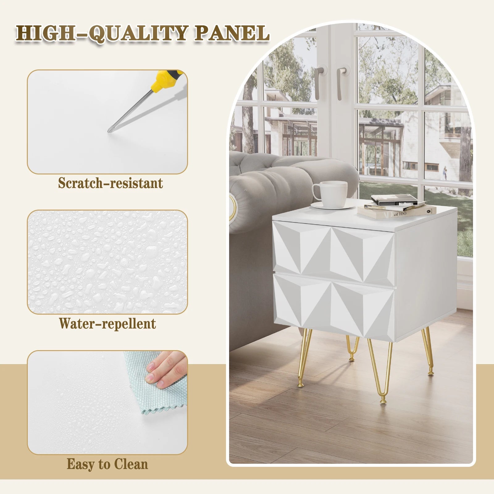 Nachtkastje met Geometrisch Design – Moderne Bedkast met 2 Lades en 3D-Effect – Witte & Gouden Afwerking – Compacte Ladekast 40x53x40 cm – Stijlvol voor Slaapkamer - QUORE