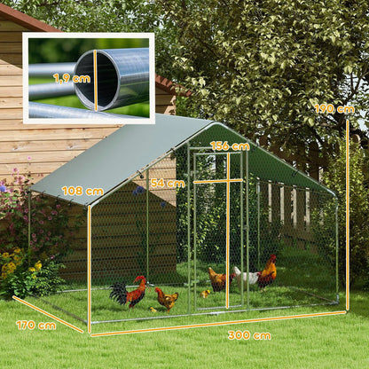 Kippenren – Kippenhok – Pluimveerek – Hennenren – Buitenren – Zilver 300x340x190 cm – Verzonken Stalen Buizen – Waterdichte UV-bestendige Oxford Hoes