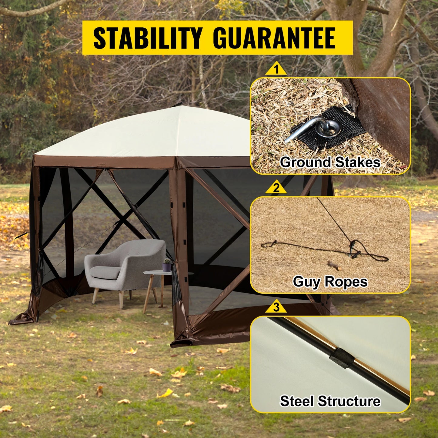 Pop up tent – Kampeertent - Tent - Partytenten - Paviljoen - Partytent - 12x12ft - Gazebo - Waterdicht & UV-bescherming – 6-zijdig Ontwerp – Inclusief Schaduwluifel & Mesh Vensters