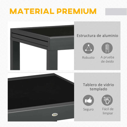 Uitklapbare Tuin Eettafel van Aluminium - Zwarte Glasplaat - Verstelbare Tuinmeubel - Compacte Eettafel - Extensibele Tafel voor Tuin en Binnengebruik - Duurzaam en Makkelijk Schoon te Maken - QUORE