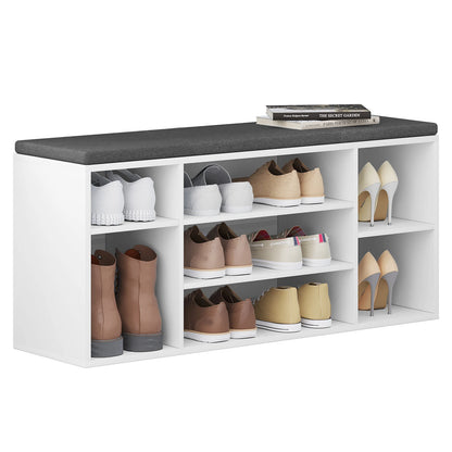 Hal Schoenenkast - Schoenenbank - Schoenenrek - Schoenkast - 103.5x30x48cm - Vrijstaand & 7 Compartimenten – Opbergbank met Stoffen Kussen - Wit & Grijs