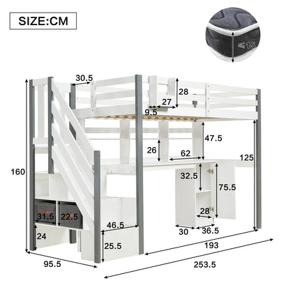 Hoogslaper – Metalen Bed – Eenpersoonsbed – Mezzanine – Kinderbed – 140x200 cm – Integraal Bureau & Opbergruimte – USB Oplaadstation met LED Verlichting