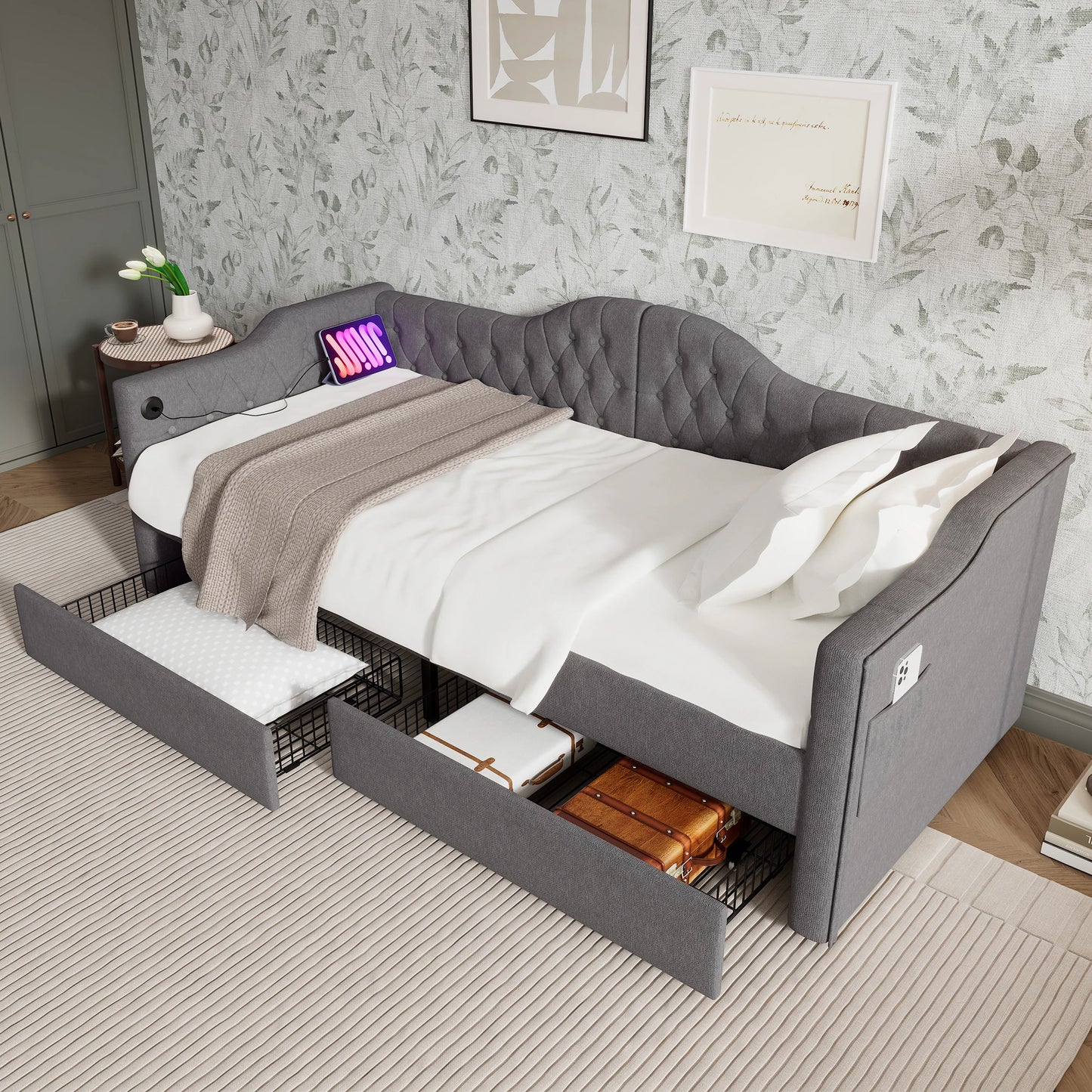 Dagbed – Slaapbank – Bedbank – Kinderbed – Grijs Linnen – Met Opberglades – USB Type-C Poorten