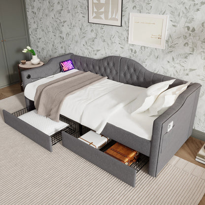 Dagbed – Slaapbank – Bedbank – Kinderbed – Grijs Linnen – Met Opberglades – USB Type-C Poorten