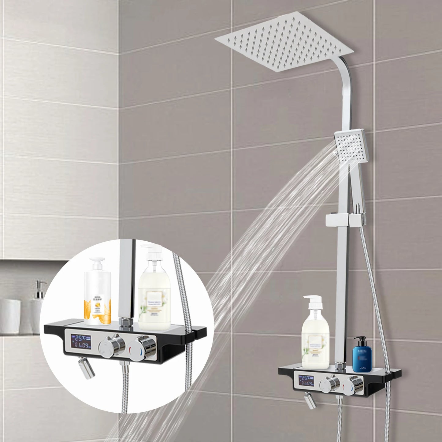 Douche - Regendouche - Douchewand - Douchekolom - Douchepanelen - Thermostatische Regendouche met Digitale Display - Slim & Stijlvol Douchesysteem - Chroom - Zilver