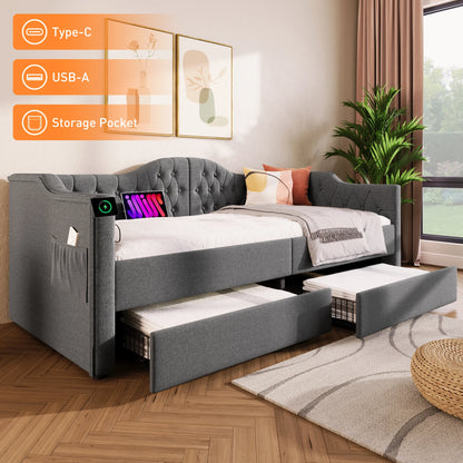 Dagbed – Slaapbank – Bedbank – Kinderbed – Grijs Linnen – Met Opberglades – USB Type-C Poorten