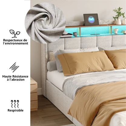 Anajqaqia 160×200 cm Upholstered Double Bed, with 4 Drawers Bed Frame, with USB Charging Station and LED Headboard, Linen, Beige