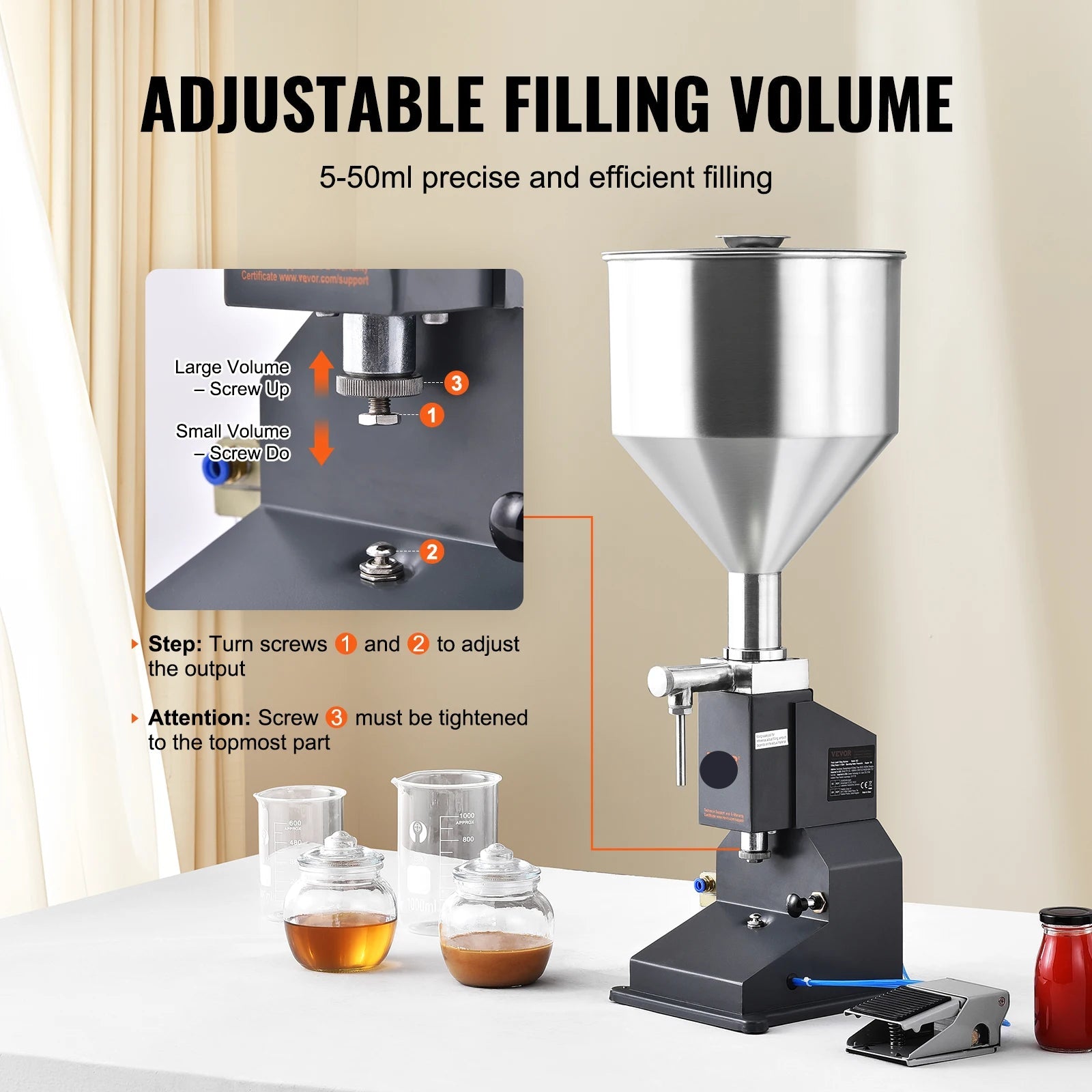 Vloeistof Vulmachine - Handmatige Vulmachine - Vulmachine - Flessen Vuller - Pneumatisch/Handmatig - RVS Machine - Inclusief Voetpedaal Schakelaar - 5 Tot 50 ml - Tot 200 Graden - QUORE