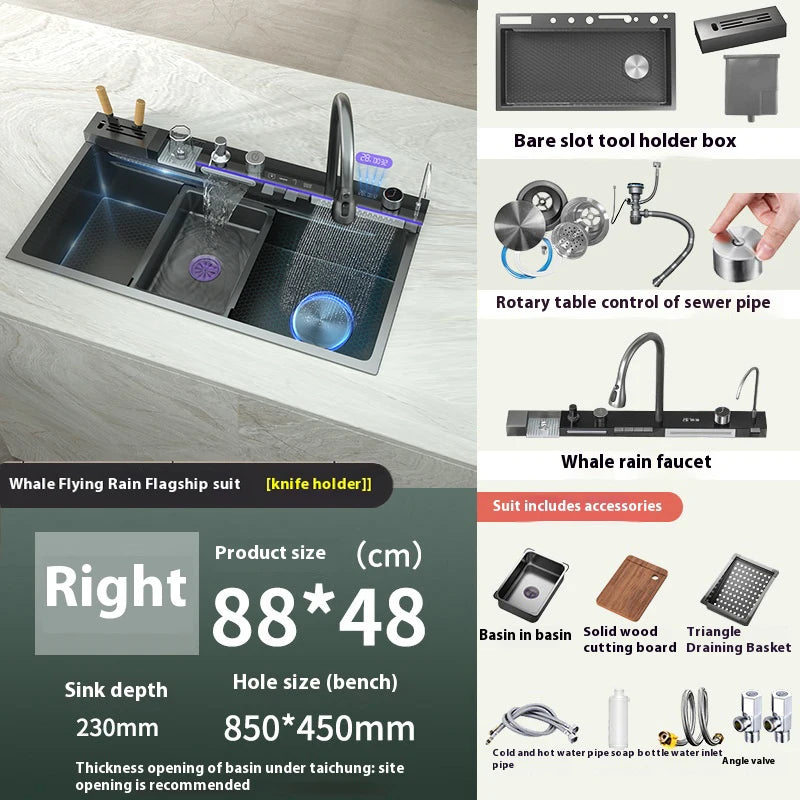 Stainless Steel Kitchen Sink With Waterfall Single Bowl Digital Display Extra Large Slot Multifunctional Washing Sinks