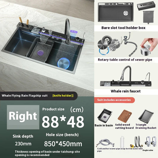 Stainless Steel Waterfall Kitchen Sink Extra Large Single Slot Digital Display Faucet Set Cup Washer Wash Basin 100*50cm