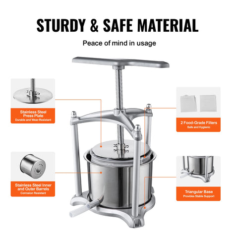 Handmatige Sapcentrifuge - Kitchen Citruspers - Handmatige Fruitpers - 6L - Sinaasappel- en Druivenpers - Roestvrij Staal + Aluminium - Zilver