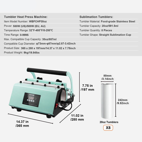 Heat Press - Transferpers - Sublimatieprinter - Heat Press Machine voor Tumbler - met 8st 20OZ Blanco Tumblers Mok Pers Cup Press