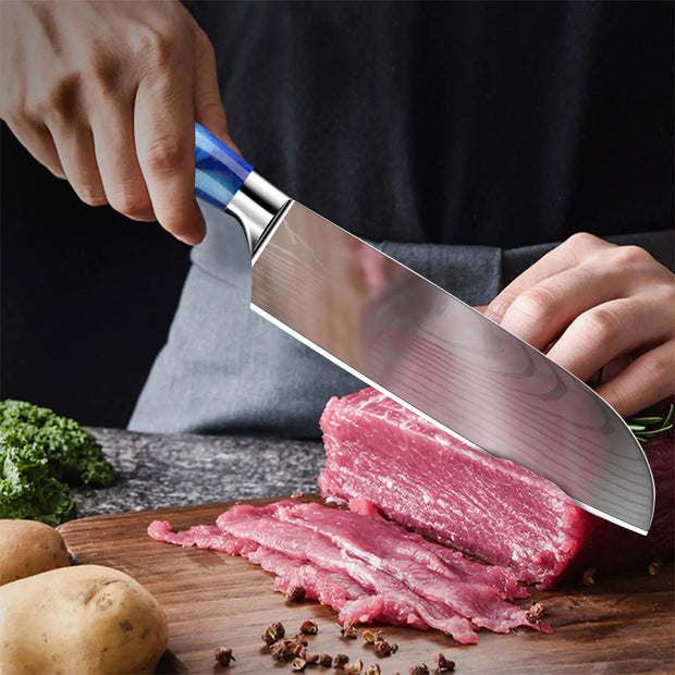 Keukenmessen - Knife set - Chef Knife - Knives - Kitchen Knife - Japans Damascus-patroon - Chef-Koksmessenset - Roestvrij Staal - Ultrascherp Lemmet - Messen voor het Cadeau van de Chef-Kok - Met blauwe handgreep