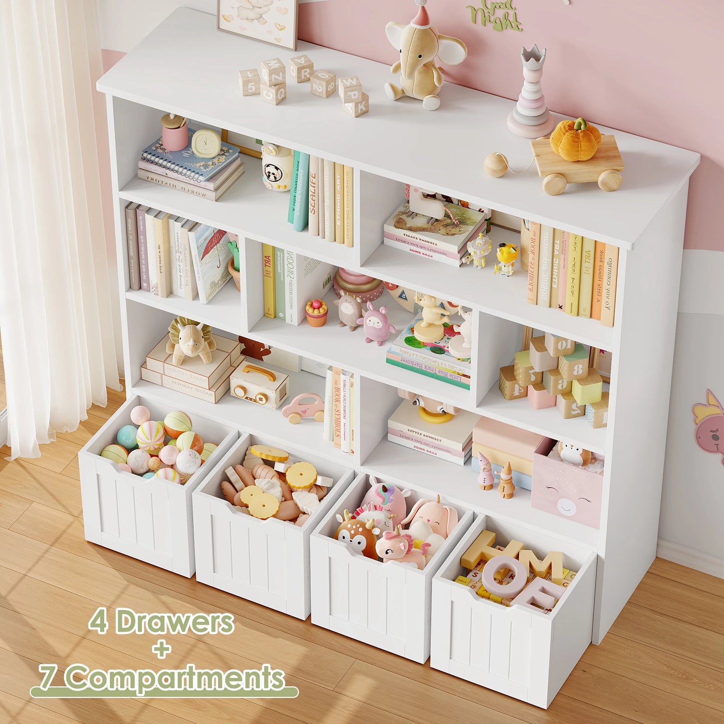 Speelgoedopberger – Speelgoedkast – Kinderboekenkast – Speelkamermeubel – Kinderspeelgoed Organizer – Roze Variant – 125,5x33x118 cm – 4 Lades met 360° Wieltjes