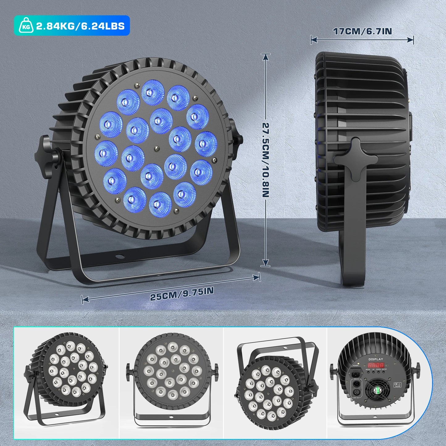 LED Par Light – DJ Verlichting – Stage Lamp – Discolamp – Feestverlichting – EU Stekker – 18x8W RGBWA+UV LEDs – Aluminium Behuizing Met Ventilatie