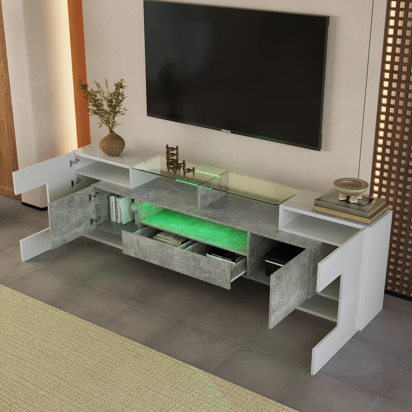 Tv-Meubel – Tv-Kastje – Tv-Dressoir – Meubel – Hoogglans Wit – Ingebouwde LED-Verlichting – 200 Cm Breed
