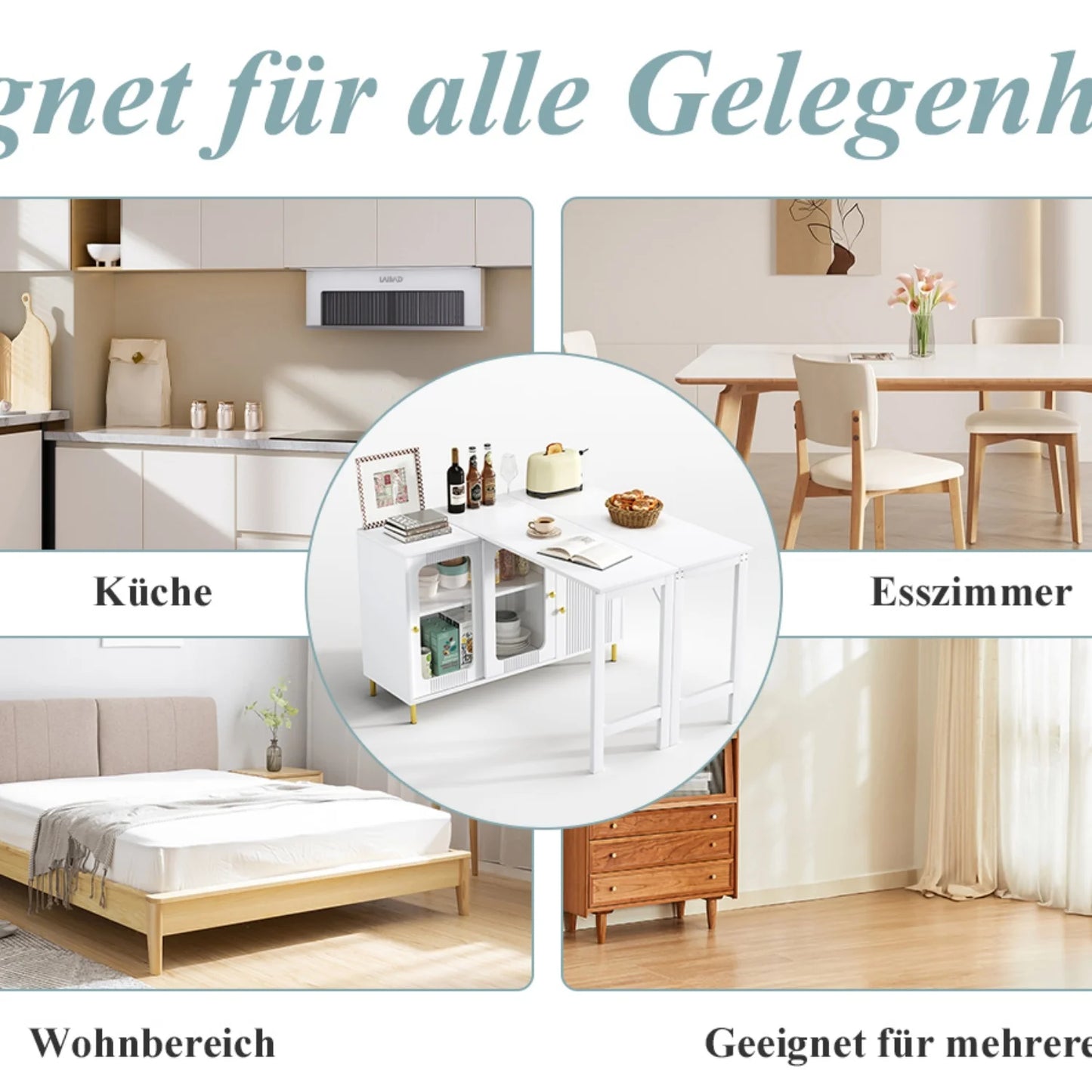White Buffet Sideboard With Foldable And Pull-Out Table Top, Rotatable Surface, Glass Sliding Doors For Dining Room And Kitchen