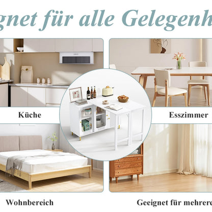 White Buffet Sideboard With Foldable And Pull-Out Table Top, Rotatable Surface, Glass Sliding Doors For Dining Room And Kitchen