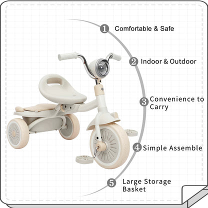 Kinderdriewieler - met Pedalen - Driewieler - Peuterfiets - Driewieler Trike - Kinderfiets - PU Wielen - Schokabsorptie - Opvouwbaar - Verstelbaar Zadel - Met Licht - Rood-wit
