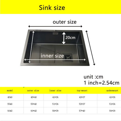 Matte Zwarte Keukenspoelbak – Spoelbak RVS – Enkelvoudige Kom – Onderbouwspoelbak – Aanrechtspoelbak – 45x40 cm – 3,0 mm Dikke Roestvrij Staal Nano Coating