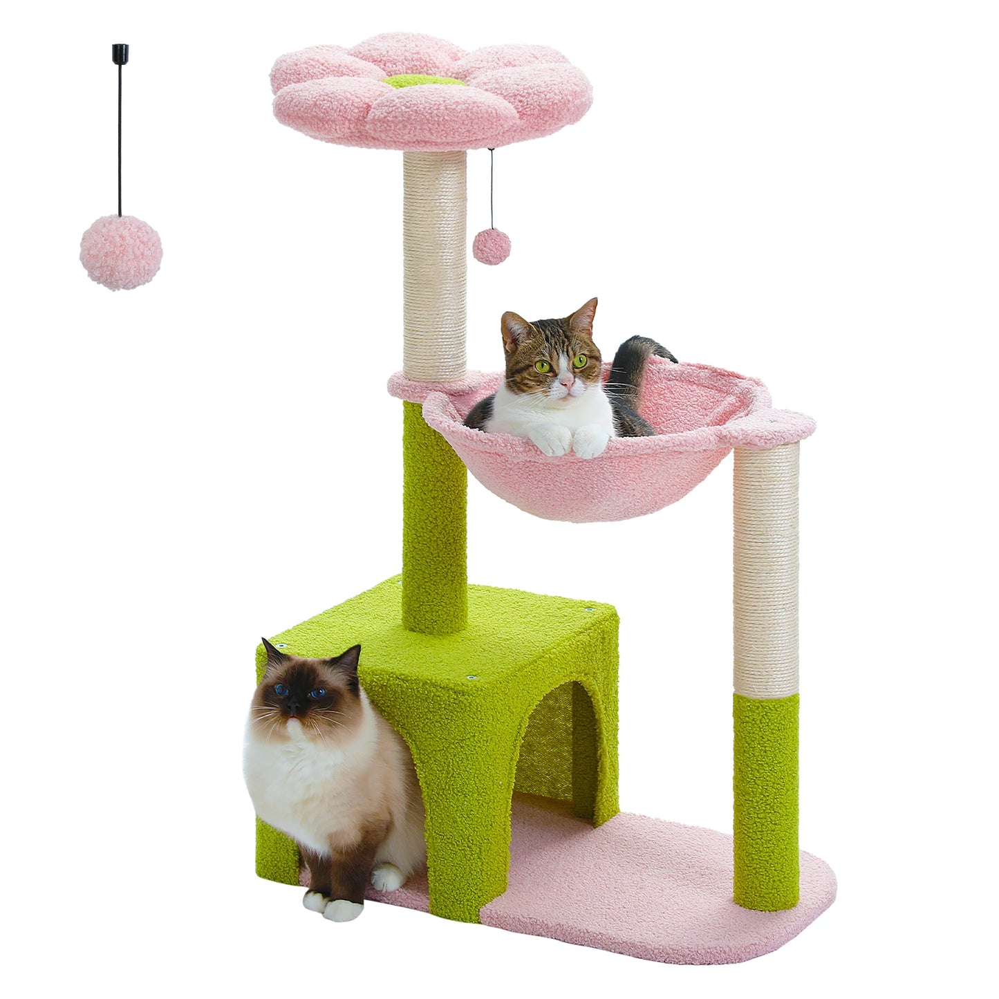 Kattenboom – met Bloem Ontwerp - Krabpaal - Stabiele Hangmat - Huis - Sisal Krabpalen - voor Kleine Binnenkatten - 89 cm - Groen