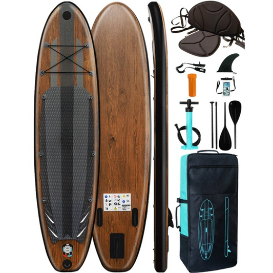Opblaasbaar Stand Up Paddle Board – SUP Board – Inflatable Paddleboard – Waterboard – Lichtgewicht – Duurzaam PVC – Verstelbaar Peddel En Zitje - Houtmaskering